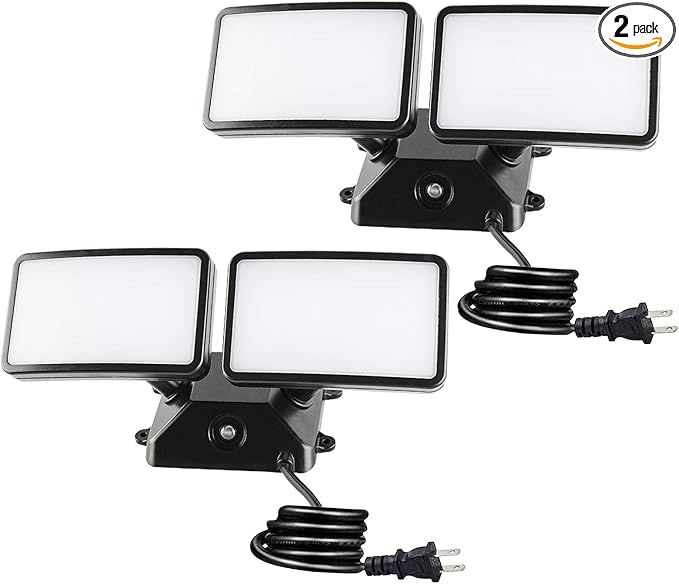 FAGUANGAO Dusk to Dawn LED Security Light,18W Plug in Flood Light Outdoor,5000k Daylight,1600lm, IP55 Waterproof,Adjustable 2 Heads Wall Light for Garage, Porch, Yard,2Pack Black