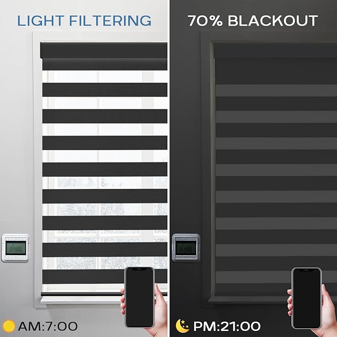 Motorized Zebra Blinds Works with Alexa Smart Home Dual Layer Window Shades Remote Roller Blinds Electric Horizontal Window Blindsfor Home Office，Customized Size (70% Shading - Luxury Black)