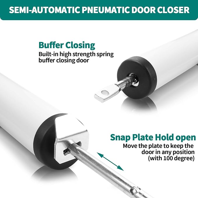 2 PCS Screen and Storm Door Closer Kit, Heavy Duty Pneumatic Screen and Storm Door Closer, Screen and Storm Door Push Button Latch Set Replacement Kit, Adjust Smooth Closing Speed (White)