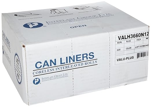 Inteplast Group VALH4348N12 46" Length x 43" Width x 11 Mic Thickness, Natural Color, HDPE Commercial Coreless Valu-Plus Insutional Trash Can Liner (Case of 8 Roll, 25 Bags per Roll)