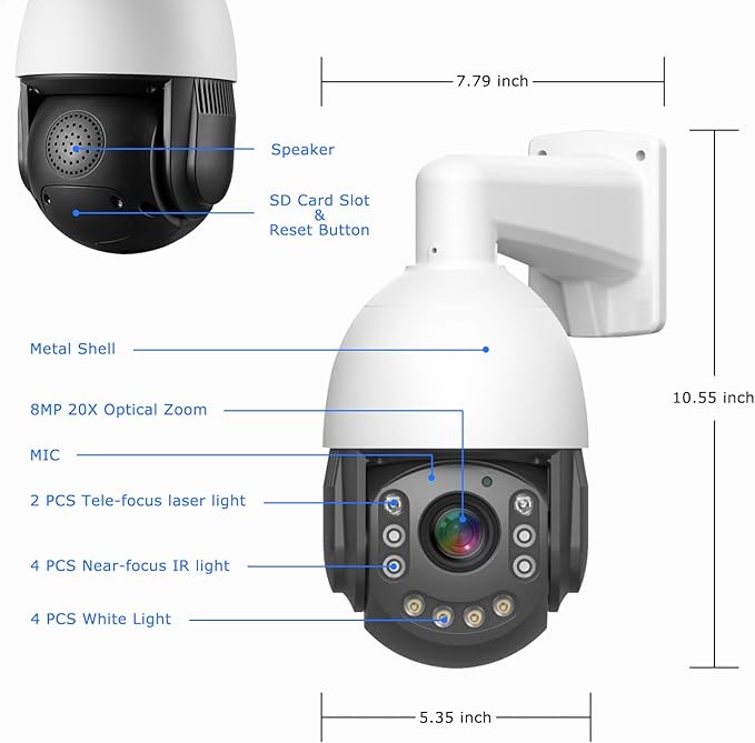 4K30fps 8MP Outdoor PTZ IP POE Auto Tracking Dome Camera Pan Tilt 20x Optical & Human Vehicle Detection,ONVIF IP Wired Camera IR & Floodlight Color night Vision, Preset ,2-Way Audio,24/7 Recording