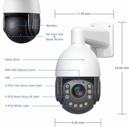 4K30fps 8MP Outdoor PTZ IP POE Auto Tracking Dome Camera Pan Tilt 20x Optical & Human Vehicle Detection,ONVIF IP Wired Camera IR & Floodlight Color night Vision, Preset ,2-Way Audio,24/7 Recording