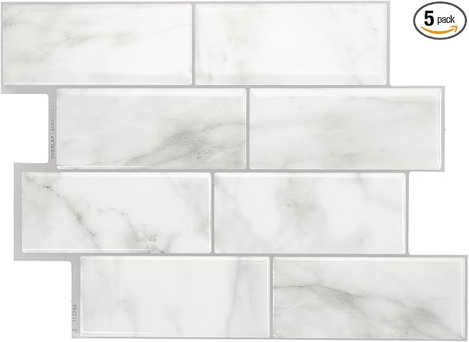 Smart Tiles Peel and Stick backsplash, Subway Carrara Marble, 11.55"x8.38" | Pack of 5 (2.8 sq ft), Glossy, Heat/Moisture Resistant, Low VOC, Kitchen/Bathroom, Renter Friendly, Made in Canada
