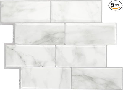 Smart Tiles Peel and Stick backsplash, Subway Carrara Marble, 11.55"x8.38" | Pack of 5 (2.8 sq ft), Glossy, Heat/Moisture Resistant, Low VOC, Kitchen/Bathroom, Renter Friendly, Made in Canada