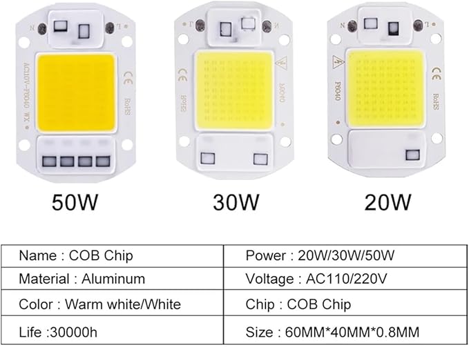 6PCS LED Chip AC 220V F6040 20W/30W/50W COB Lamp Bead Smart IC No Need Driver Outdoor Focus Spotlight Garden DIY Chip Lamp(6PCS 50W Warm White)