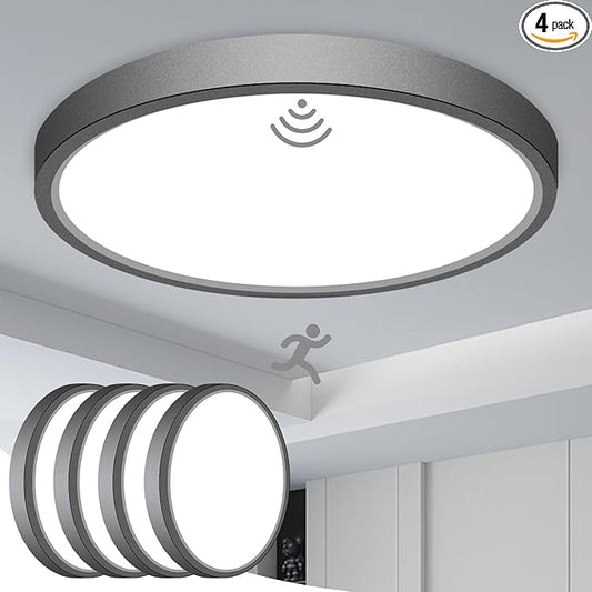 slochi 4 Pack Motion Sensor Ceiling Light Indoor, 5000K Ceiling Lights Motion Sensored Wired, 15W 1500LM 7 Inch Flush Mount Light Fixture for Closet Pantry Hallway Stairwell Porch, Black