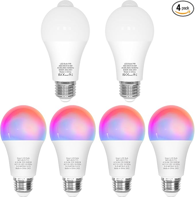 ORALUCE 丨 Bundle - Motion Sensor Light Bulbs (Pack of 2) & Smart LED Bulb A19 Wi-Fi and Bluetooth (Pack of 4)