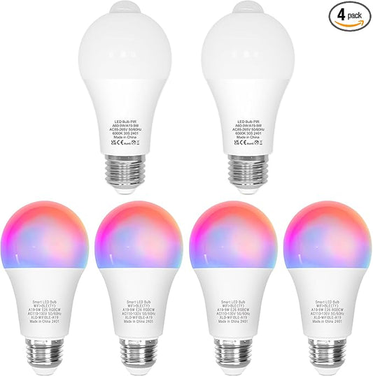 ORALUCE 丨 Bundle - Motion Sensor Light Bulbs (Pack of 2) & Smart LED Bulb A19 Wi-Fi and Bluetooth (Pack of 4)