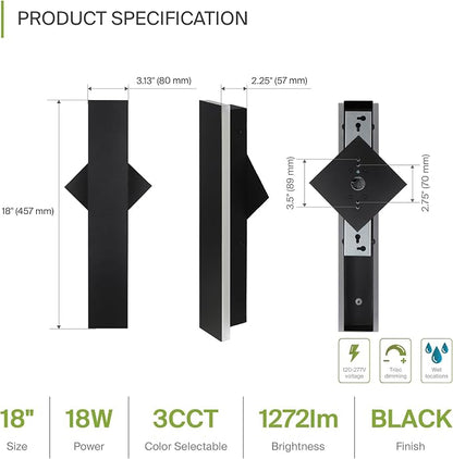 ASD LED 18" Long Wall Mount Light Fixture, Outdoor & Indoor Linear Sconce | 3CCT, Dimmable, Waterproof, Anti-Rust, ETL Listed | 18W 1200LM 3000-5000K 100-277V | Exterior Porch Lighting | Black, 2 Pack