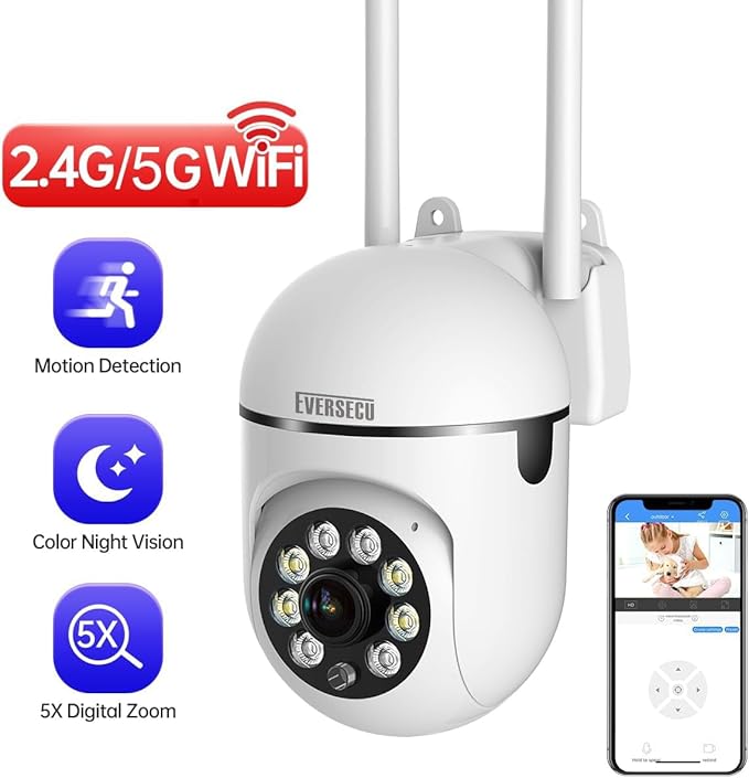 EVERSECU 1080P Outdoor WiFi PTZ Security Camera, 5G WiFi, Auto Tracking, 2 Way Audio, Spotlight Night Vision, Compatible with Alexa, SD Card & Cloud Storage, Support ONVIF&RTSP IP CCTV Camera