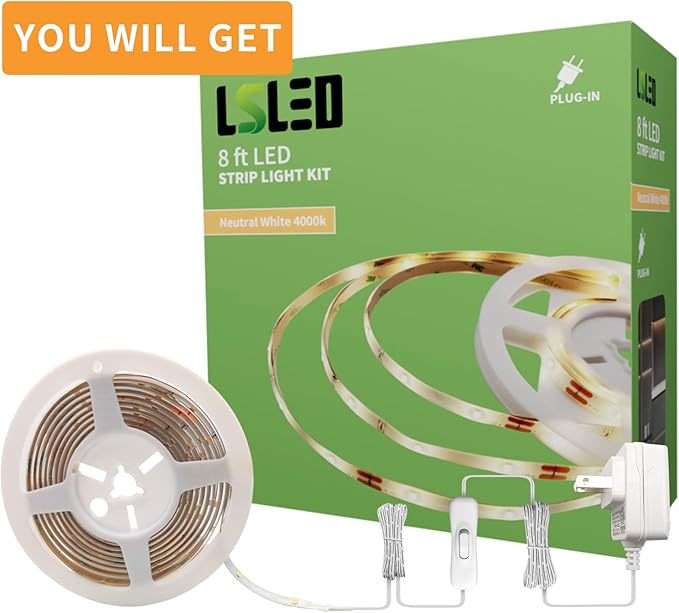 LED Strip Lights, 8ft LED Light Strip, 12V 4000K Neutral White Tape Light with PU Coating, LED Lights for Bedroom, Kitchen, Mirror, Home Decor, ETL Listed