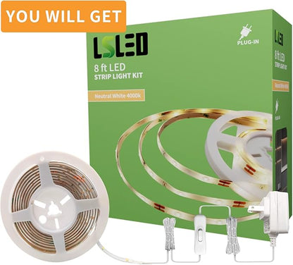 LED Strip Lights, 8ft LED Light Strip, 12V 4000K Neutral White Tape Light with PU Coating, LED Lights for Bedroom, Kitchen, Mirror, Home Decor, ETL Listed