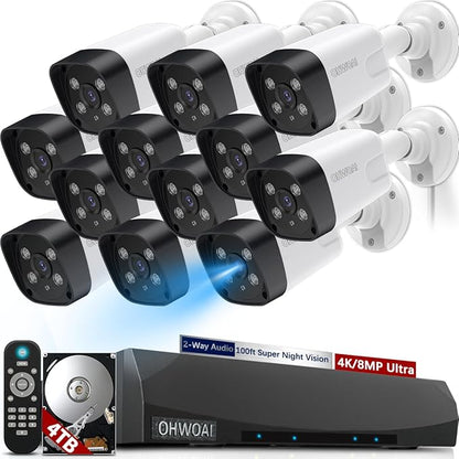 《130°Wide Angle-Lens & Dual Power Mode》Outdoor CCTV Security Camera System with 2-Way Audio,8.0MP IP Wired Security Cameras,Home Surveillance Video Equipment with 4K NVR