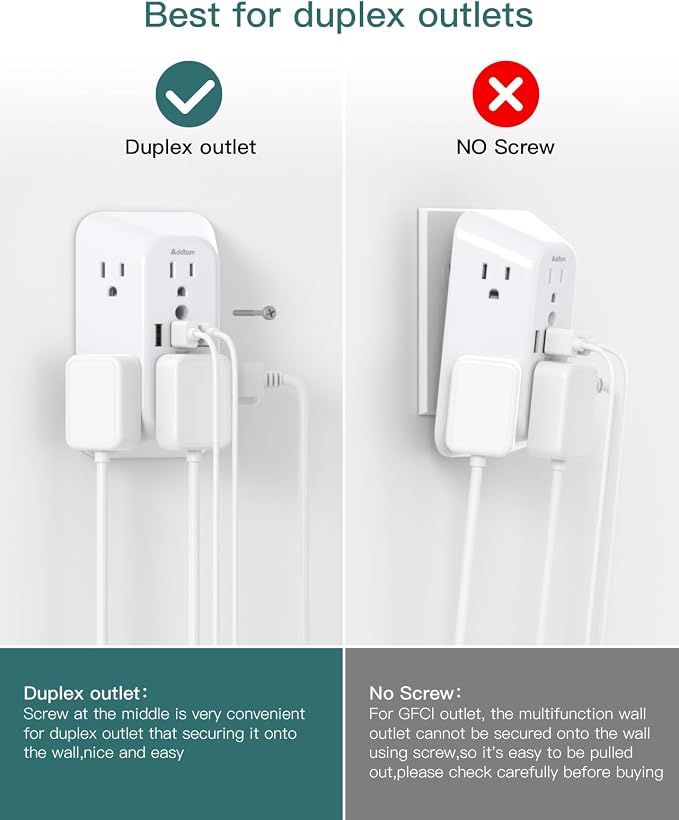 Addtam 6-Outlet Extender Surge Protector, Multi Plug Wall Outlet with 4 USB Wall Charger(2 USB C Ports), Plug Extension Outlet with 1800J, Outlet Splitter Power Strip for Home Office, 2 Pack, White