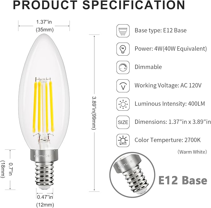 10 Pack Candelabra LED Light Bulbs E12 Small Base Dimmable, Comzler 40W Equivalent 2700K Warm White Chandelier Light Bulbs, 4W Type B Light Bulb, B11 Glass Shape Candle Light Bulbs 120V CRI 85+ 400 LM
