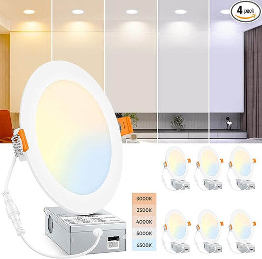 BesLowe 4 Packs 6 Inch 5CCT LED Recessed Ceiling Lights Ultra-Thin with Junction Box, 12W 150W Eqv, 3000K/3500K/4000K/5000K/6500K, 1200LM Dimmable Canless Downlights for Kitchen Hallway Dining Room