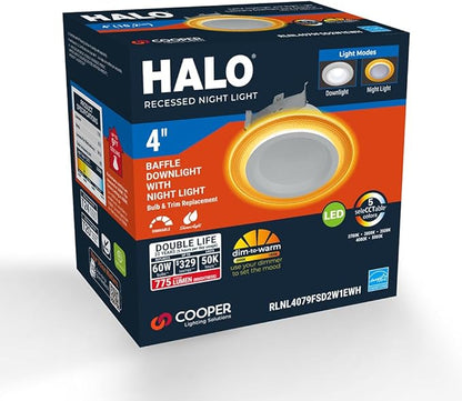 HALO RL Night Light 4 in LED Recessed Downlight with Night Light Mode, 700 Lumens, Selectable CCT 2700K-5000K, Dim-to-Warm, Matte White - RLNL4079FSD2W1EWH