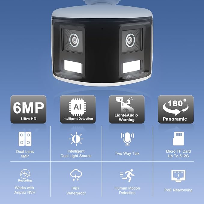 Anpviz 180° 6MP Dual Lens Security Camera, 180 Degree Panoramic View Bullet Wired POE IP Camera, Active Deterrence Red & Blue Strobe Flash Light and Audio Alarm, Color Night Vision MD2.0 (H Series）