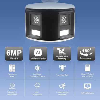 Anpviz 180° 6MP Dual Lens Security Camera, 180 Degree Panoramic View Bullet Wired POE IP Camera, Active Deterrence Red & Blue Strobe Flash Light and Audio Alarm, Color Night Vision MD2.0 (H Series）