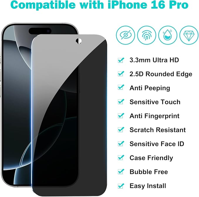 PEHAEL 3+3 Pack for iPhone 16 Pro Privacy Screen Protector with Camera Lens Protector Full Coverage Anti-Spy Tempered Glass Film 9H Hardness Easy Installation Bubble Free [6.3 inch]