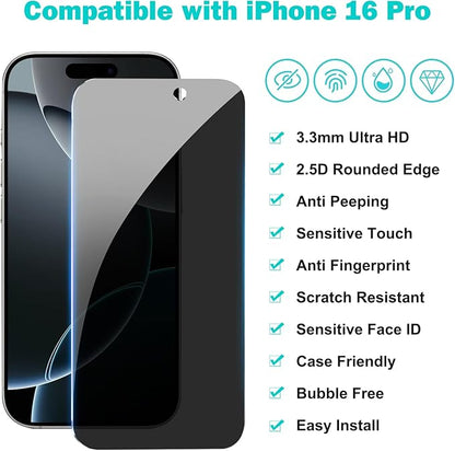 PEHAEL 3+3 Pack for iPhone 16 Pro Privacy Screen Protector with Camera Lens Protector Full Coverage Anti-Spy Tempered Glass Film 9H Hardness Easy Installation Bubble Free [6.3 inch]