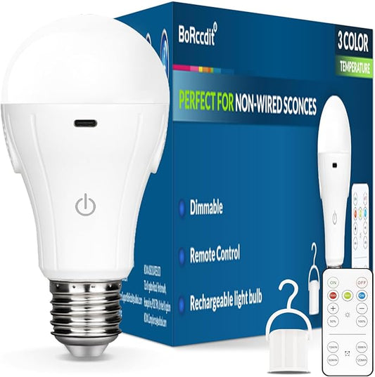 BoRccdit CordlessGlow 15W Rechargeable Light Bulbs with Remote, 3 Color Temperatures and Dimmable Battery Light Bulb, Touch Control + 4 Timing + USB Rechargeable Battery Powered Light Bulb, 1Pack