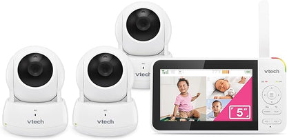 VTech VM924-3 5" Pan Tilt Zoom Video Baby Monitor with 3 Cameras – No WiFi, 17Hr Battery, 1000ft Range, Night Vision & Lullabies – Ideal for New Parents