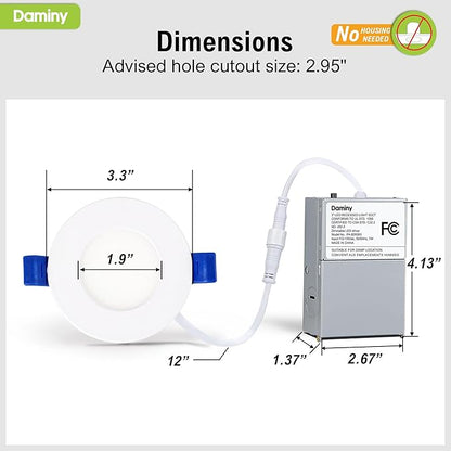 DAMINY 24 Pack 3 Inch LED Recessed Lighting with Junction Box,5CCT,Ultra-Thin Recessed Light,7W 500LM, Dimmable Canless Wafer Ceiling Light, High Brightness