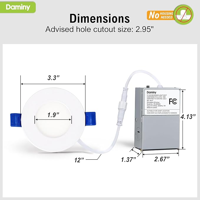 DAMINY 12 Pack 3 Inch LED Recessed Lighting with Junction Box,5CCT,Ultra-Thin Recessed Light,7W 500LM, Dimmable Canless Wafer Ceiling Light, High Brightness