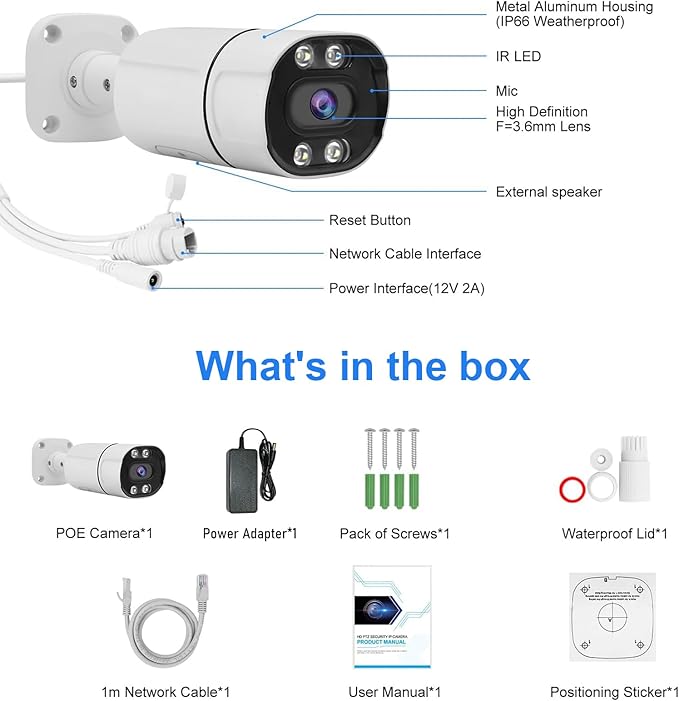 JideTech 5MP PoE IP Bullet Camera Outdoor, 3.6mm Lens IMX335 Sensor IP Security Camera Indoor, 120ft IR, Color Night Vision, AI Human/Vehicle Detection, Up to 512GB MicroSD Card, RTSP, RTMP,for Onvif