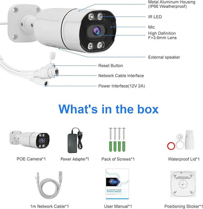 JideTech 5MP PoE IP Bullet Camera Outdoor, 3.6mm Lens IMX335 Sensor IP Security Camera Indoor, 120ft IR, Color Night Vision, AI Human/Vehicle Detection, Up to 512GB MicroSD Card, RTSP, RTMP,for Onvif