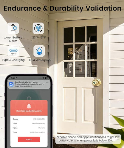 Smart Door Knob with Lock,Keyless Entry Fingerprint Door Lock,Bright Brass | Smart Lock with Auto-Lock , App, Key, Fingerprint Door Locks for Front Door, Garage, Apartment, Hotel, Interior, Exterior