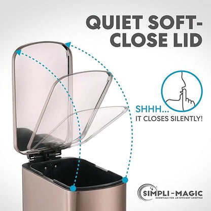 SIMPLI-Magic 6L/1.6G Stainless Steel Bathroom Trash Can with Hands-Free Foot Pedal, Quiet Soft-Close Lid, Compact Space-Saving Size