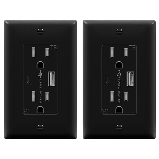 TOPGREENER 2-Port USB Outlet, Type C USB Wall Charger Outlet, Black,2 Pack | 4.2A USB Receptacle with Type A&C Ports, 15 Amp Tamper Resistant Receptacle Plug, Wall Plate Included,UL Listed,TU21536AC-BK