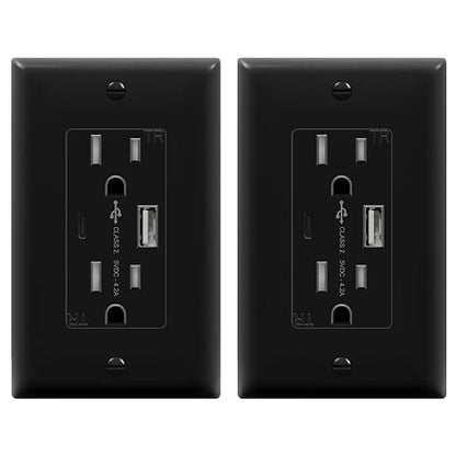 TOPGREENER 2-Port USB Outlet, Type C USB Wall Charger Outlet, Black,2 Pack | 4.2A USB Receptacle with Type A&C Ports, 15 Amp Tamper Resistant Receptacle Plug, Wall Plate Included,UL Listed,TU21536AC-BK