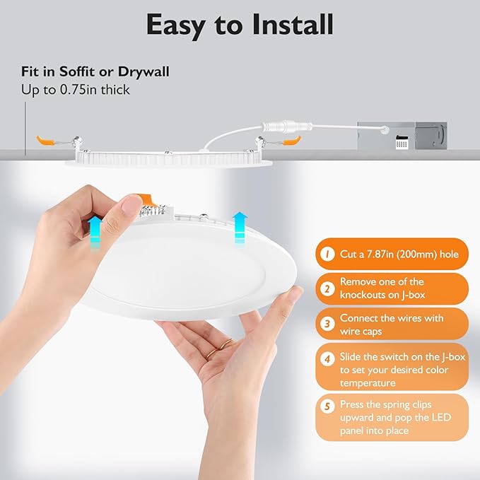 BesLowe 6 Packs 8 Inch 5CCT LED Recessed Ceiling Lights Ultra-Thin with Junction Box, 18W 225W Eqv, 3000K/3500K/4000K/5000K/6500K, 1800LM Dimmable Canless Downlights for Kitchen Hallway Dining Room