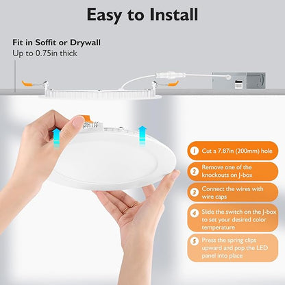 BesLowe 6 Packs 8 Inch 5CCT LED Recessed Ceiling Lights Ultra-Thin with Junction Box, 18W 225W Eqv, 3000K/3500K/4000K/5000K/6500K, 1800LM Dimmable Canless Downlights for Kitchen Hallway Dining Room