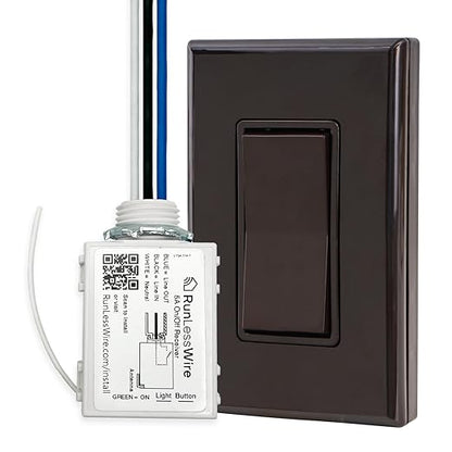 RunLessWire Single Pole Battery-Free DIY Wireless Light Switch Kit 150ft RF Range Self-Powered by Kinetic Energy for Fixtures & Outlets : 1 Remote Switch Controls 1 5A On/Off Receiver Brown