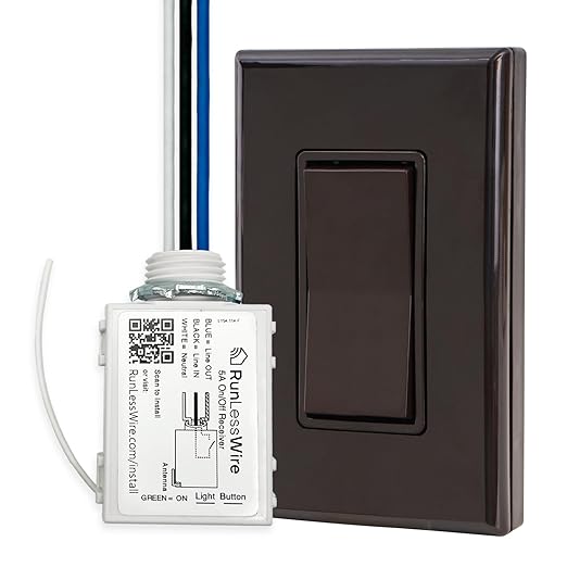 RunLessWire Single Pole Battery-Free DIY Wireless Light Switch Kit 150ft RF Range Self-Powered by Kinetic Energy for Fixtures & Outlets : 1 Remote Switch Controls 1 5A On/Off Receiver Brown
