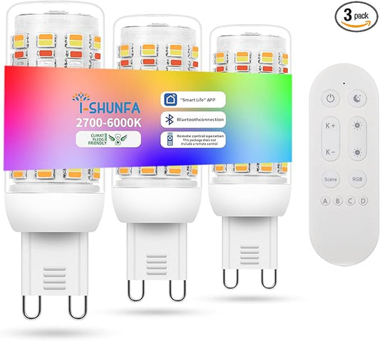 I-SHUNFA Smart G9 RGBCW LED Bulbs, App & Remote Control, AC 120V, 2700K-6500K + 16M Colors, Dimmable 1%-100%, 4W 400LM, Music Sync, Timer (3 Pack with Remote)