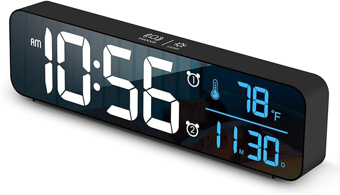 Abovsare Digital Clock for Bedroom, Clocks for Living Room Decor, Desk Table Clock, Alarm Clock Large Display with Date Week Temperature, Automatic Brightness Dimmer, Smart Cool Modern (Black Blue)