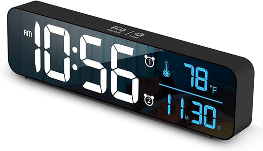 Abovsare Digital Clock for Bedroom, Clocks for Living Room Decor, Desk Table Clock, Alarm Clock Large Display with Date Week Temperature, Automatic Brightness Dimmer, Smart Cool Modern (Black Blue)