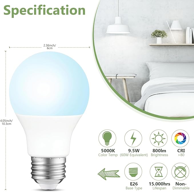 Sigalux 96 Pack A19 LED Light Bulbs, 60W Equivalent Daylight 5000K, 800 Lumens Non-Dimmable, Energy-Saving 9.5W E26 Medium Base Bulbs, Long-Lasting Home Lighting for Bedroom Living Room