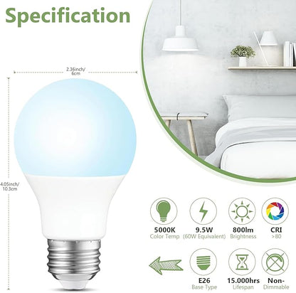 Sigalux 96 Pack A19 LED Light Bulbs, 60W Equivalent Daylight 5000K, 800 Lumens Non-Dimmable, Energy-Saving 9.5W E26 Medium Base Bulbs, Long-Lasting Home Lighting for Bedroom Living Room