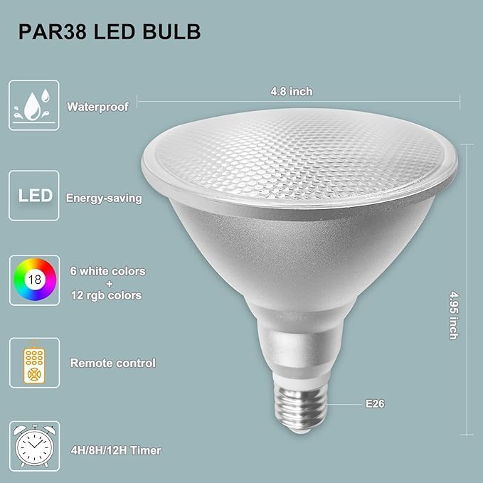 2 Packs Par38 LED Flood Light Bulbs with Remote Timing Function,30W=100W,E26 Color Changing Light Bulbs for Easter Christmas Party Home Garden Holiday Decoration