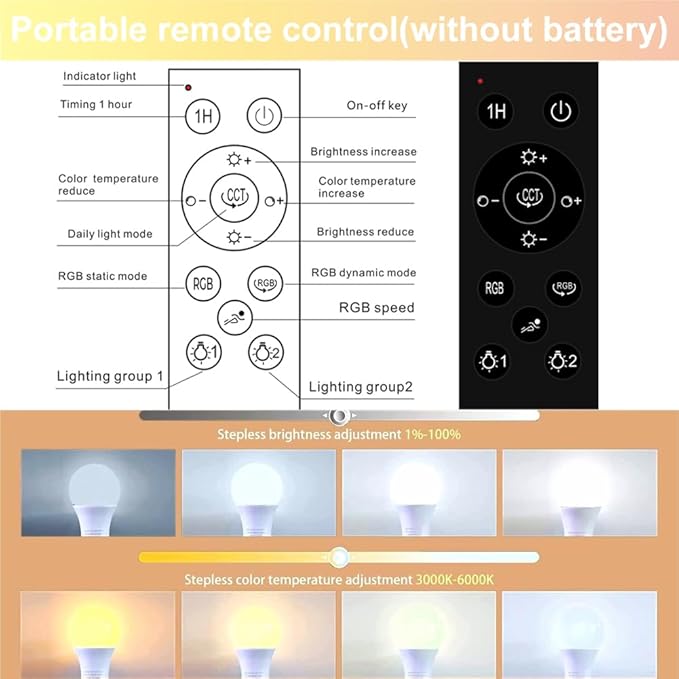 GRV 9W A60 LED Smart Light Bulbs with a 2.4GHz Remote Control,Color Changing,Stepless Dimmable 3000K-6500K,80W Incandescent Lamp Equivalent,800LM E26 Base,Home Decor,2 Bulb & 1 Remote