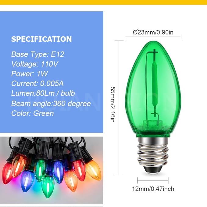 Ruiandsion E12 LED Decorative Bulb Green 110V No Flicker Eye Protection for Holiday Warning Lights Christmas Tree Chandeliers Pack of 6