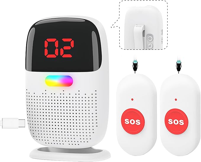 Caregiver Pager System with Digital Display for Elderly Assistance, Fall Prevention, and Nurse Calling，Wearable Wireless Pager for Patient Help at Home(1 Call Buttons + 2 Receivers)
