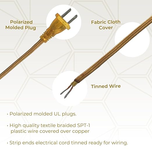 Royal Designs, Inc. Lamp Cord Molded Plug with Dimmer Switch, Stripped Ends Ready for Wiring, 8 ft Long, Gold, SPT-1 UL Listed (CO-5001D-GL-8-1)