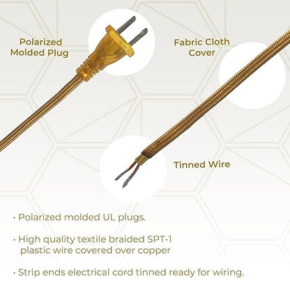 Royal Designs, Inc. Lamp Cord Molded Plug with Dimmer Switch, Stripped Ends Ready for Wiring, 8 ft Long, Gold, SPT-1 UL Listed (CO-5001D-GL-8-1)